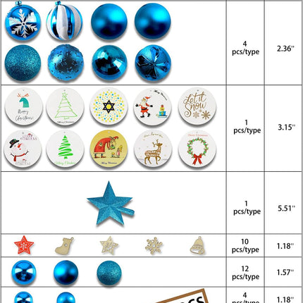 Christmas Ball Ornaments Set, 145 Pcs, with Tree Topper and Shatterproof Decorations (Blue)