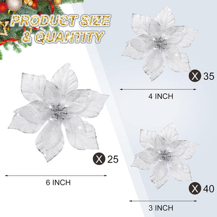 100 Pcs 3 Size Christmas Poinsettia Artificial Flowers Glitter Faux Wedding Flowers Christmas Flower Decoration Ornaments for Christmas Tree Xmas Party DIY Wreath Garland Year Decor(Silver)