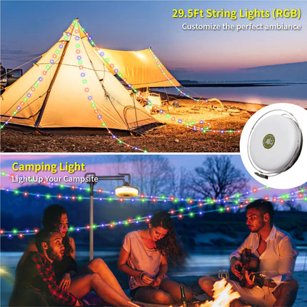 HAMLITE Camping String Lights,2 in 1 Outdoor Waterproof Portable Stowable String Light with 5 Lighting Modes(32.8Ft), USB Camping Lights, Rechargeable String Lights for Camping Yard Hiking,Christmas