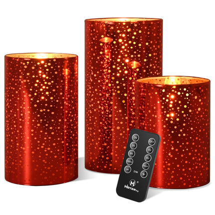 Flameless Flickering Candles with Remote Control and Timer, Battery Operated Real Wax Led Candles with Glass Pillar, Red Christmas Candles for Halloween, Holidays (AA Batteries Included)