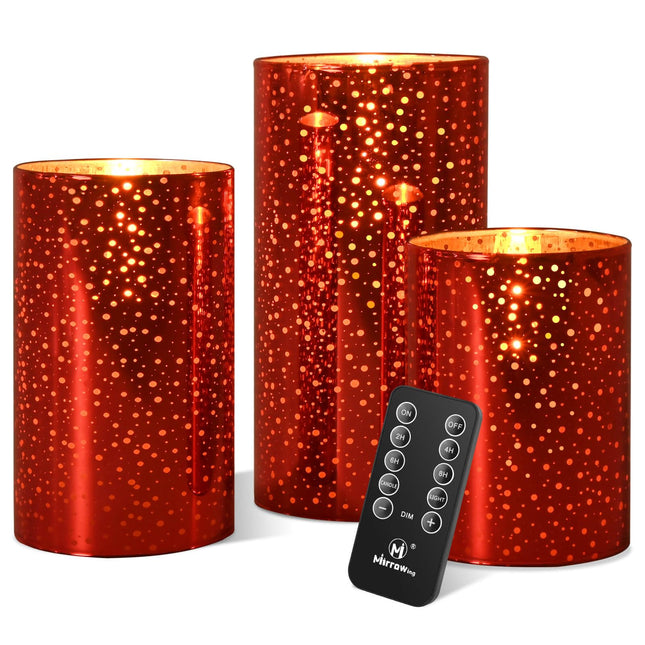 Flameless Flickering Candles with Remote Control and Timer, Battery Operated Real Wax Led Candles with Glass Pillar, Red Christmas Candles for Halloween, Holidays (AA Batteries Included)