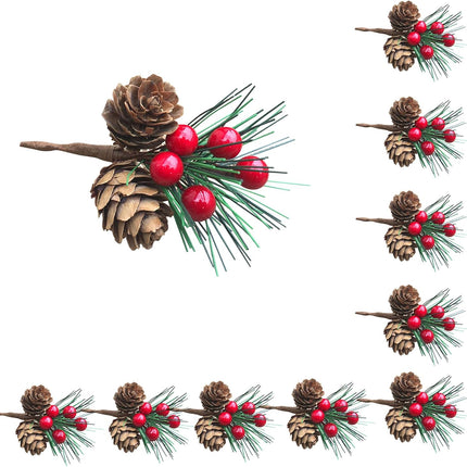 DULRLLY 20pcs Artificial Pine Picks, Pine Needles Branches with Red Berry Stems, Small Fake Berries Pinecones Branches for Crafts Xmas Tree DIY Garland Holiday Wreath (A)