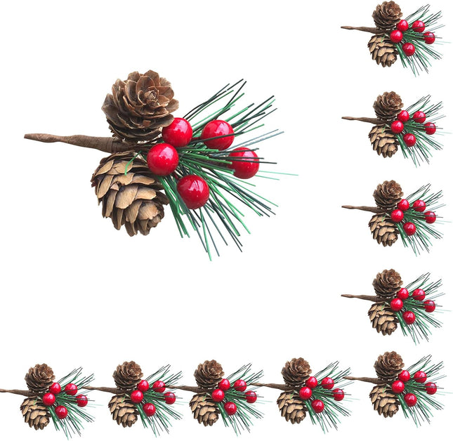 DULRLLY 20pcs Artificial Pine Picks, Pine Needles Branches with Red Berry Stems, Small Fake Berries Pinecones Branches for Crafts Xmas Tree DIY Garland Holiday Wreath (A)