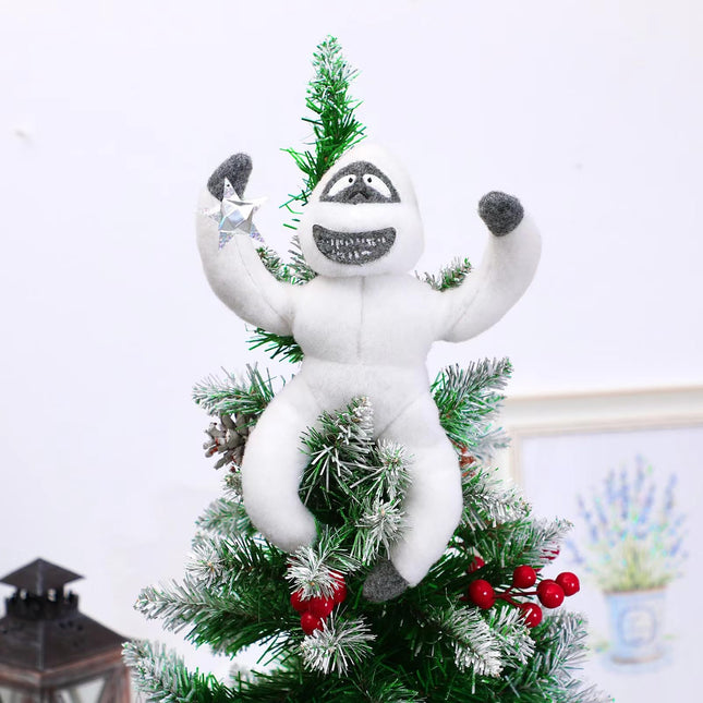 Christmas Tree Topper Abominable Snow Monster Ornament, Poseable Handmade Abominable Chimpanzees Hugger with Star, Can be Hung Snowman Tree Topper Xmas Decorations (White)
