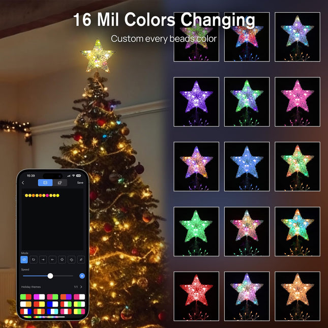 Christmas Tree Topper, Star for Christmas Tree Decorations, Gold Christmas Star Tree Topper for Home Garden USB Plug in Xmas Tree Year Holiday， DIY Color Changing, 80 Modes, APP & Remote Control