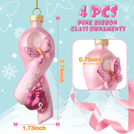 Jetec 4 Pieces Christmas Glass Ornament Breast Cancer Awareness Pink Ribbon Blown Ornament Decoration Hanging Breast Cancer Ornaments for Christmas Tree Pink Hope Ribbon Ornament with Butterfly Gloves