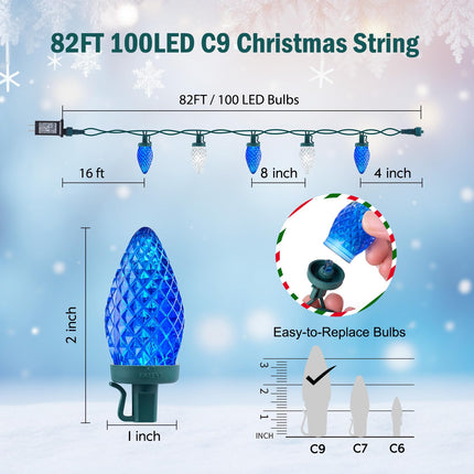 C9 LED Christmas String Lights - 82ft 100 LED Outdoor String Lights with Timer and 8 Lighting Modes, Plug in Extendable Roofline Lights String for Outside Yard Porch Christmas Holiday Decoration
