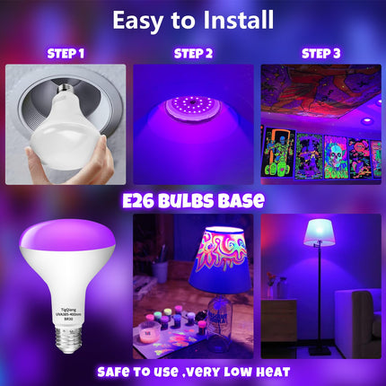 White Casing Black Light Bulbs, Blacklight Bulb 6 Packs, 120W Equivalent, E26 BR30 LED Black Light Bulb 385-400nm for Halloween Christmas Decor, Body Paint, Glow Party, Fluorescent Poster