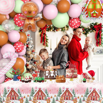 120PCS Christmas Balloon Garland Arch Kit Decorations Pink Green Gingerbread Christmas Balloon Garland with Tablecloth Candyland Candy Cane Christmas Xmas Cookie Holiday Party Decorations