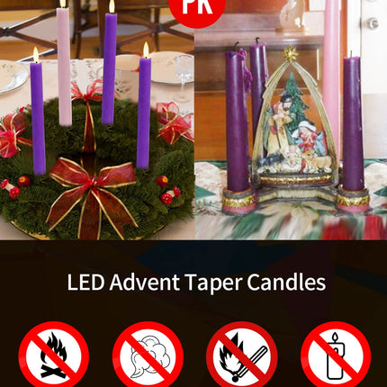 SHYMERY Flameless Advent Candles,Real Wax Battery Operated Electric LED Taper Candles with Remote Timer, Set of 4 Purple & Pink Flickering for Wreath Thanksgiving Christmas Outdoor Centerpieces