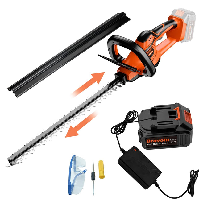 Bravolu 21V Cordless Hedge Trimmer, 20" Dual-Action Blade, Hedge Trimmer Cordless with 4.0Ah Battery and Fast Charger, 1400 RPM, Electric Hedge Trimmer for Shruber and Yard Hedge Cutting