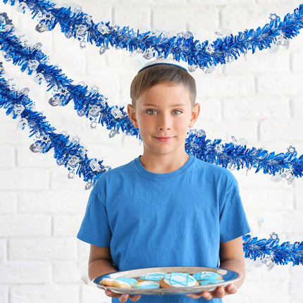 33ft Hanukkah Tinsel Garland, Blue Silver Metallic Twisted Tinsel Garland with Dreidel Star of David Hanging Garland Decoration for Chanukah Party Tree Fireplace Mantle Home Party Decor