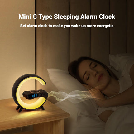 Mini G Type Wireless Charging Atmosphere Lamp with Bluetooth Speaker Alarm Clock Night Light 15W Wireless Charger Speaker for Bedside Lamp Ambient Lighting for Christmas (Black)