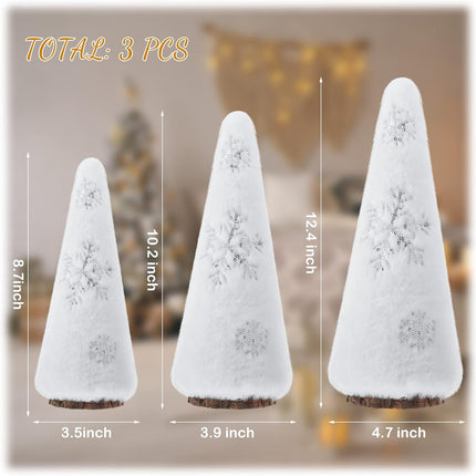Zubebe Set of 3 Plush Christmas Tree Figurine, Tabletop Farmhouse Rustic Tree Figurine Christmas Boho Plush Tree Centerpieces with Snowflakes for Christmas Entryway Decor, Winter Home Decor(White)