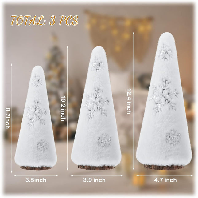 Zubebe Set of 3 Plush Christmas Tree Figurine, Tabletop Farmhouse Rustic Tree Figurine Christmas Boho Plush Tree Centerpieces with Snowflakes for Christmas Entryway Decor, Winter Home Decor(White)