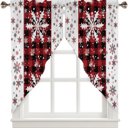 Christmas Curtains Swag Valance Snowflakes Red Black Buffalo Plaid White Rod Pocket Kitchen Curtains Winter Holiday Window Valances Swag Curtains for Christmas Decorations, 1 Pair, 28"W x 36"L