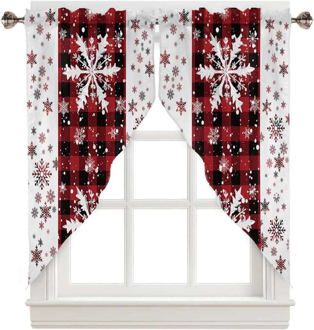 Christmas Curtains Swag Valance Snowflakes Red Black Buffalo Plaid White Rod Pocket Kitchen Curtains Winter Holiday Window Valances Swag Curtains for Christmas Decorations, 1 Pair, 28"W x 36"L