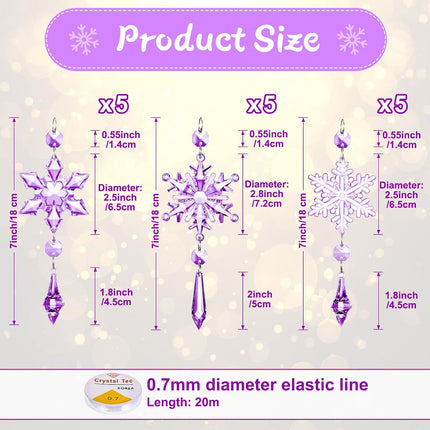 15 Pcs Christmas Acrylic Snowflake Christmas Crystal Christmas Tree Ornaments Christmas Crystal Decorations Crystal Ornaments for Christmas Tree for Party Celebration (Purple)