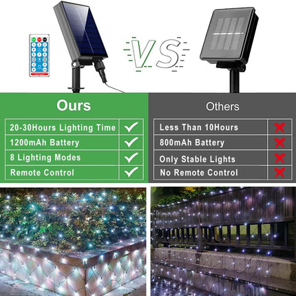 11.5 ft x 5 ft Solar Net Lights, Outdoor Mesh Lights 240 LED Waterproof 8 Mode with Remote String Lights for Bushes Trees Garden Wall Patio Christmas Indoor Decor (Cool White)