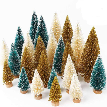 OurWarm 24Pcs Artificial Frosted Sisal Christmas Tree, Bottle Brush Trees with Wood Base DIY Crafts Mini Pine Tree for Christmas Home Table Top Decor Winter Ornaments Green, Gold and Ivory