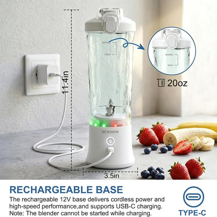 DENOKIN Portable Blender, Shakes and Smoothies Cordless Personal Size Blender 20oz with 6 Blade and a Travel Lid (Apple White)