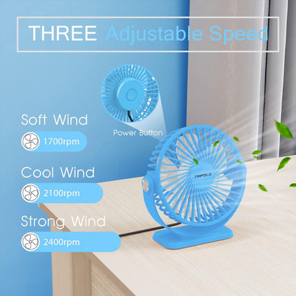 Tripole Usb Powered Desk Fan Small Personal Fan 3 Speeds Strong Airflow Mini Fan 360°Rotation Portable Fan 5.1 Inch Table Fan