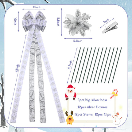 Yinkin Christmas Tree Topper Bow Set 10'' x 13'' Large Velvet Bow with Long Streamers Sun Flower Shape Bow with 12 Pcs 5.5 Inch Artificial Poinsettia Flowers for Xmas Indoor Party Decor (Silver)