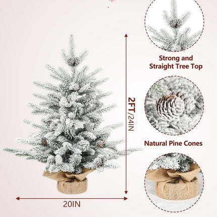 Flocked Small Christmas Tree - Leheyhey 2 Foot Mini Tabletop Christmas Tree with 175 PE PVC Flame-Retardant Tips, Unlit Artificial Little Christmas Tree with Pinecones for Home, Office, Party Decor