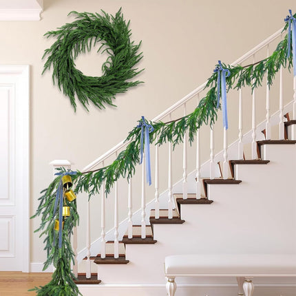 Real Touch Norfolk Pine Christmas Garland and Wreath Set, 24IN Green Wreath and 9FT Christmas Garland Artificial Faux Greenery Norfolk Pine for Holiday Indoor Mantle Decor