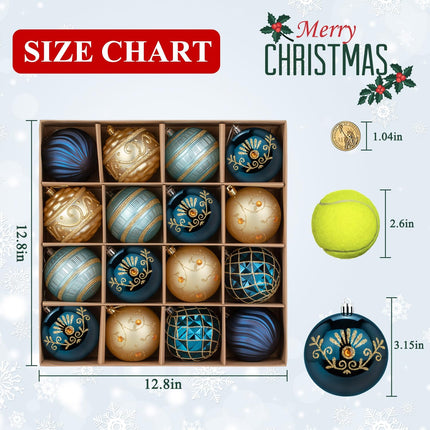 3.15" Christmas Ball Ornaments Set, 16pc Bulk Blue and Gold Xmas Tree Ornaments Decoration, Shatterproof Large Decorative Hanging Balls with Loop for Christmas Party Holiday Wreath Garland Home Decor
