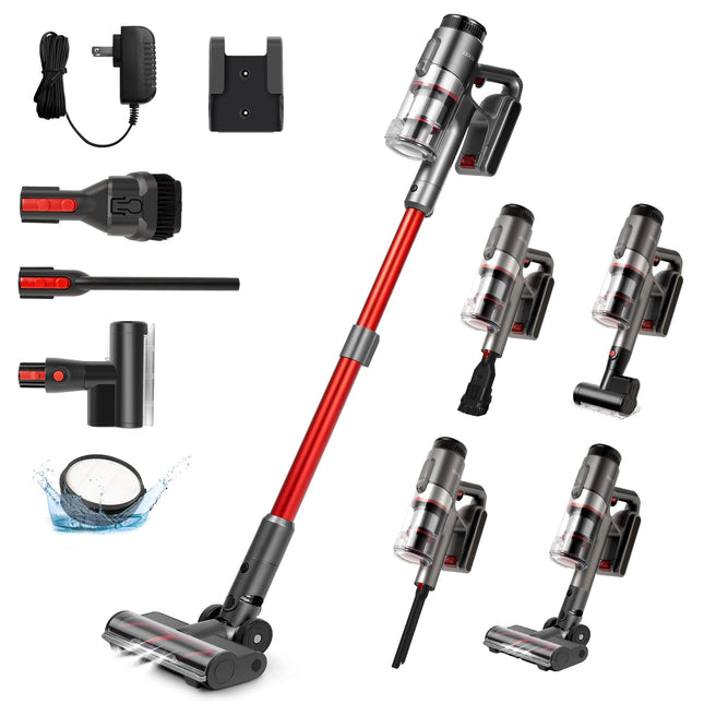 Cordless Stick Vacuum Cleaner, 55 Minutes Runtime, 450W Motor, Led Touch Display, Dust Sensor Technology, Adjustable 7 Power Modes For Hardwood Floors, Carpet, Pet Haire21 Pro, Red
