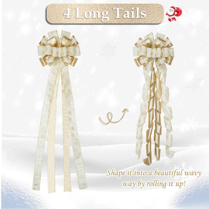 Champagne/White Christmas Tree Topper Bow, 53"x 13" Large Handmade Decorative Bows with Long Streamer Glitter Snowflake Wired Ribbon for Christmas Tree Home Decoration