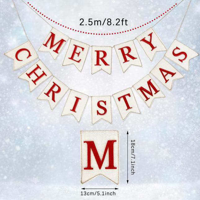 Whaline Christmas Burlap Banner Felt Merry Christmas Banner Pre-Assembled White Red Xmas Bunting Garland Celebration Hanging Decorations for Christmas Party Supplies Home Decoration