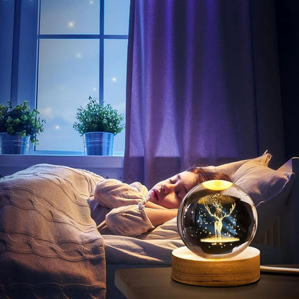 C&M 3D Deer Crystal Ball Night Light,Deer Figurine LampDecorative Glass Sphere Ball Paperweight Crystal Sea Animal Decorations for Home (Deer)