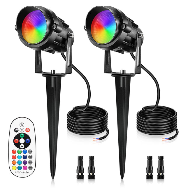 12W RGBW Color Changing Landscape Lights - Low Voltage LED Landscape Lighting, Remote Control Spotlight Outdoor Waterproof Garden Pathway Halloween Christmas Spot Lights, 2 Pack with Connector