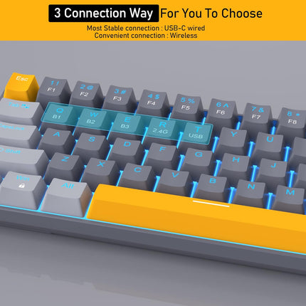 Wireless 60% Mechanical Gaming Keyboard, 3 Connection Mode Keyboard with Clicky Blue Switches, Portabl Compact Black&Grey Keyboard,68 Keys Mini Keyboard for Mac/Windows,Gamer,Typist,Travel,Trip