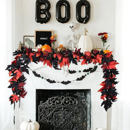 DearHouse 2 Pack Fall Garland Maple Leaf Clearance, 5.9Ft/Piece Halloween Maple Garland Black and Red Autumn Foliage Garland Halloween Decor for Home Fireplace Party (Black and Red)