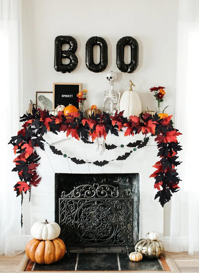 DearHouse 2 Pack Fall Garland Maple Leaf Clearance, 5.9Ft/Piece Halloween Maple Garland Black and Red Autumn Foliage Garland Halloween Decor for Home Fireplace Party (Black and Red)