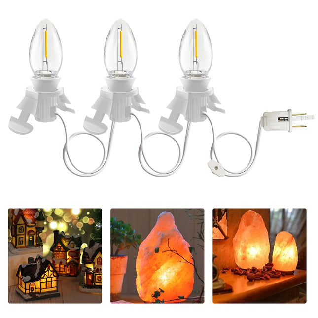 C7 Christmas Accessory Cord with Three Clear Light Bulbs, LED Lights White Cord with On/Off Switch Plugs, C7 Indoor String Lights for Christmas Halloween Model Toy Craft Village House Decoration