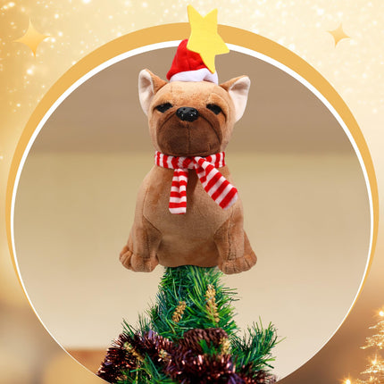 Shappy Dog Christmas Tree Topper Plush Dog Christmas Decoration with Santa Hat and Star Stuffed Christmas Tree Decor Dog Christmas Tree Ornaments for Home Winter Holiday Xmas Party Decorations