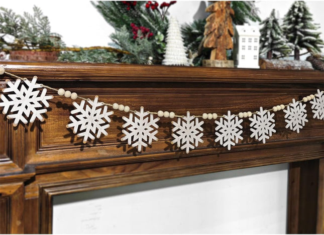 Garland Christmas Decorations Indoor Outdoor: 6.5ft Farmhouse Winter Snowflake Wood Beads Christmas Decor, Elegant Rustic Snowflake Xmas Ornaments Banner for Home Wall Mantel Fireplace Window Patio