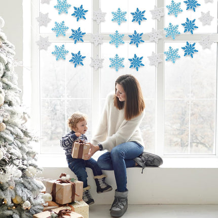 Whaline 4Pcs Snowflake Felt Banner White Blue Snowflake Garland Winter Bunting Garland for Christmas Winter Holiday Hanging Decoration
