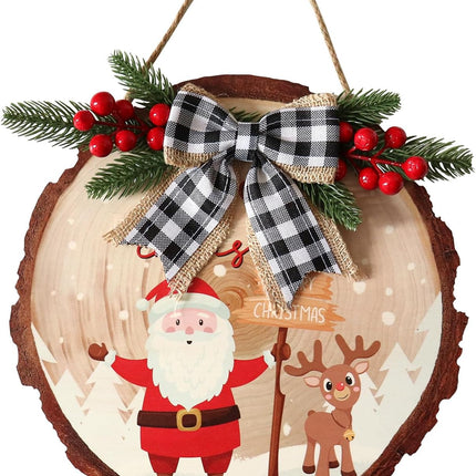 12Inch Christmas Wooden Hanging Door Signs Round Christmas Decorations Indoor Signs Merry Christmas Wreath Sign Xmas Wood Signs with Buffalo Plaid Bow Eucalyptus Berries for Front Door Home Decor