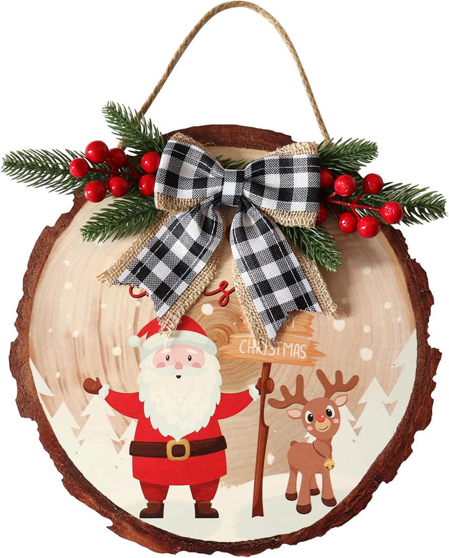 12Inch Christmas Wooden Hanging Door Signs Round Christmas Decorations Indoor Signs Merry Christmas Wreath Sign Xmas Wood Signs with Buffalo Plaid Bow Eucalyptus Berries for Front Door Home Decor