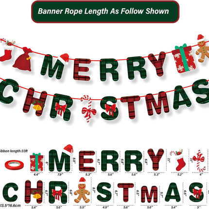 Merry Christmas Banner- Xmas Banners Bunting with Gingerbread Socks Signs, Red Green Paper Hanging Banner Felt Garland for Christmas Outdoor Indoor Home Mantle Fireplace Decor and Party Decorations
