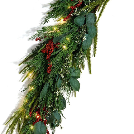 LampLust Christmas Garland with Lights, 6 Ft Lighted Garland, Greenery Garland with Red Berry & Eucalyptus, 100 LED Lights, Battery Powered Timer Included, Garland for Mantle Christmas Decorations