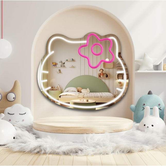Hello Kit Neon Sign Anime Cute Cat Neon Light up Mirror Kawaii Neon Sign Room Decor for Girl's Room Bedroom Birthday Halloween Christmas 16x14in