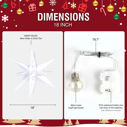 18" Moravian Star Outdoor Light - 18 Point White Christmas Star Indoor, 3D White PVC, Waterproof IP44, Battery Operated with Timer for Ballroom Porch Wedding Christmas Holiday Decoration