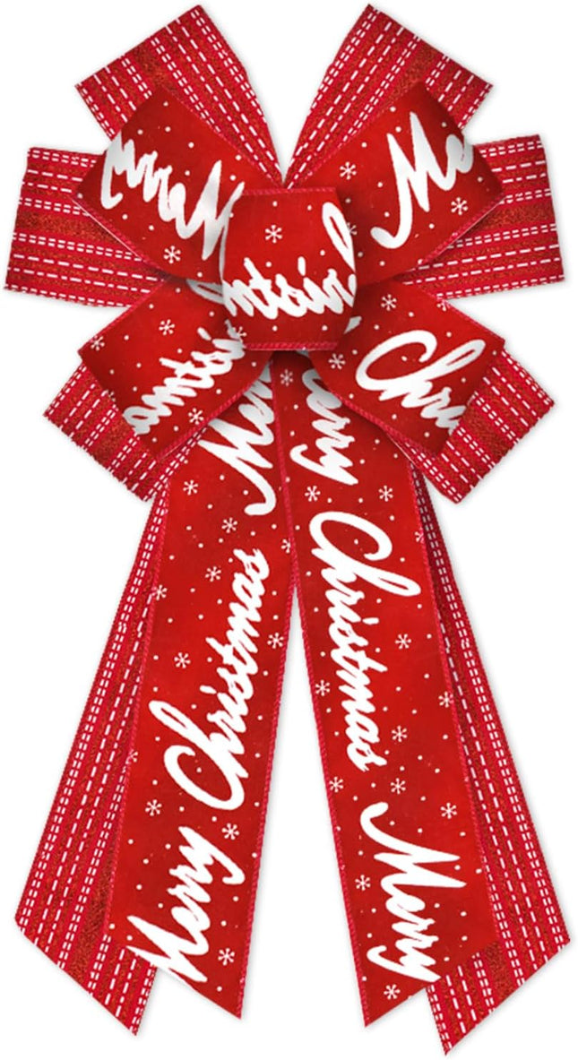 Threetols Large Chrsitmas Bows for Wreath,Red Glitter Stripe Wreath Bows Xmas Decor Bows for Front Door, Snowflake Red Burlap Ornament Tree Topper Bows for Christmas Indoor Outdoor Decor