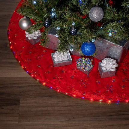with Programmable LED Lights - 55inch Red Faux Fur & Rainbow Sequin Snowflake Patterns & Controller for Christmas Tree Decoration